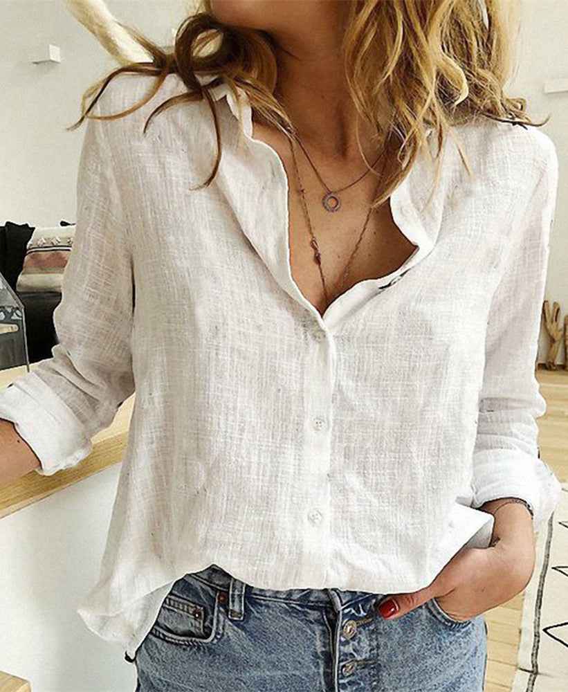 Lapel Long Sleeve Shirt Fashion Solid Color Button Top Women's Clothing