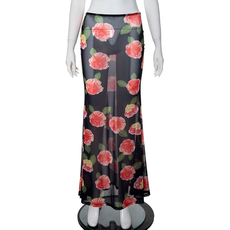 2024 Summer Low Waist Printed Mesh Skirt Sheath