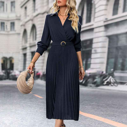 Lapel Shirt Women Pleated Long Sleeve Dress