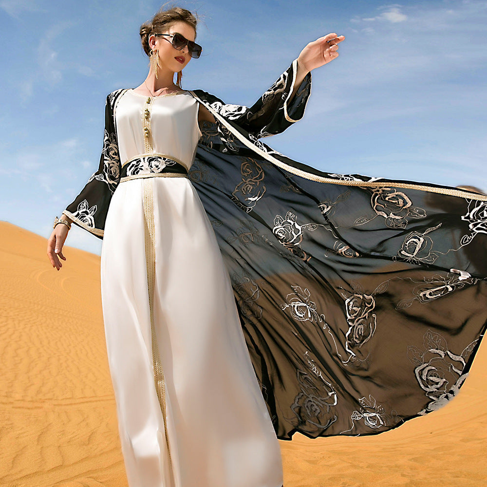 Black And White Flower Embroidery Two-piece Ladies Long With Belt Ethnic Style Dress