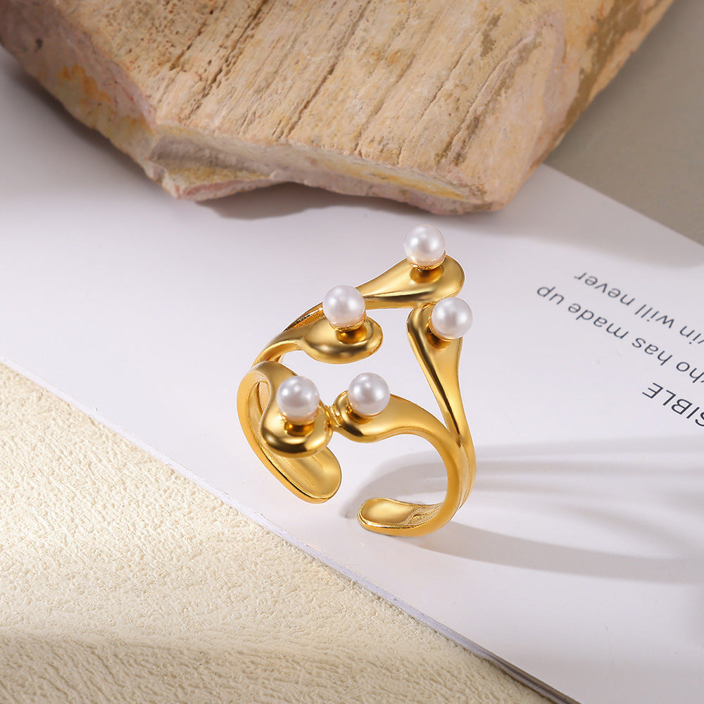 Stainless Steel Golden Pearl Ring Shaped Exaggerated