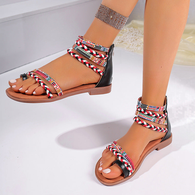 Ethnic Style Colorful Stitching Large Size Flat Bottom Sandals