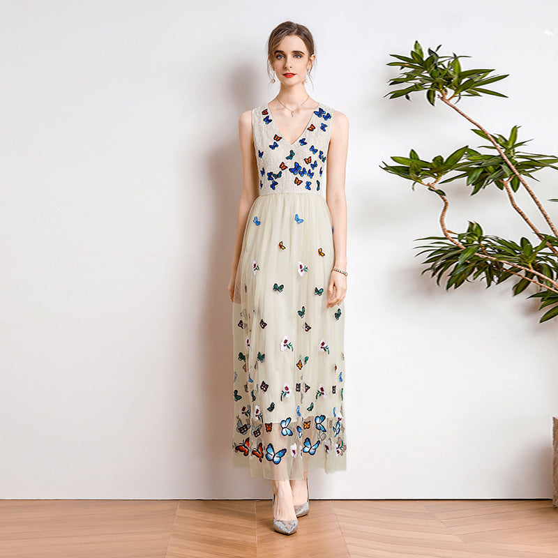 Lace Mesh Embroidered V-Neck Waist Dress For Women - BabynBeauty