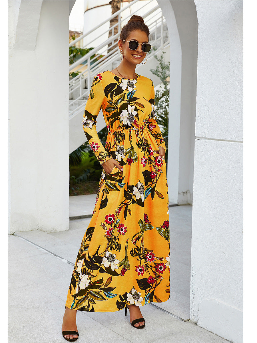 Printed Round Neck Long Sleeve Pocket Waist Dress