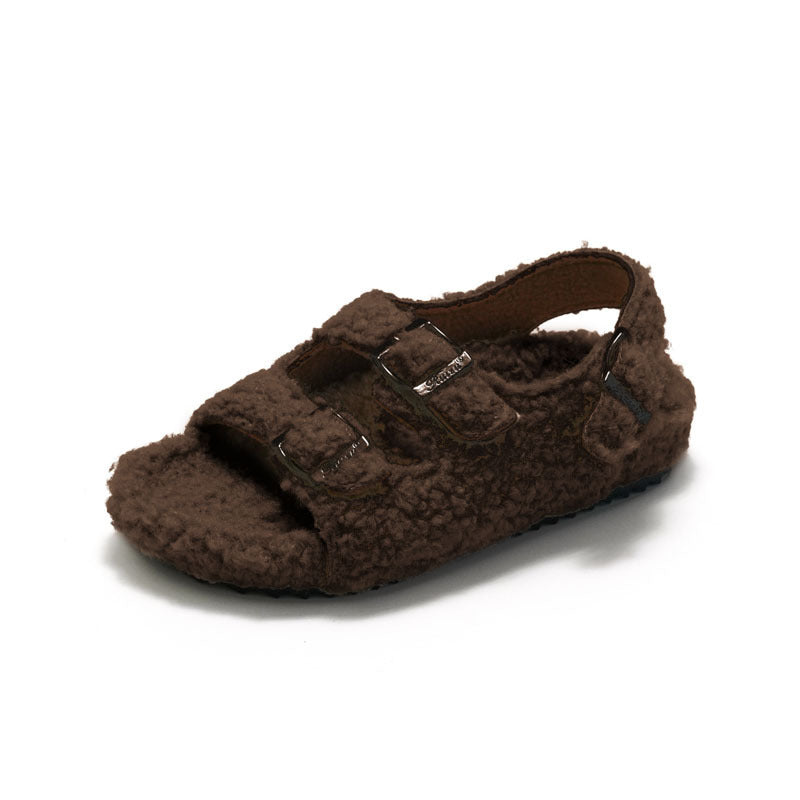 Fleece-lined Children Cork Sandals Woolen Slipper