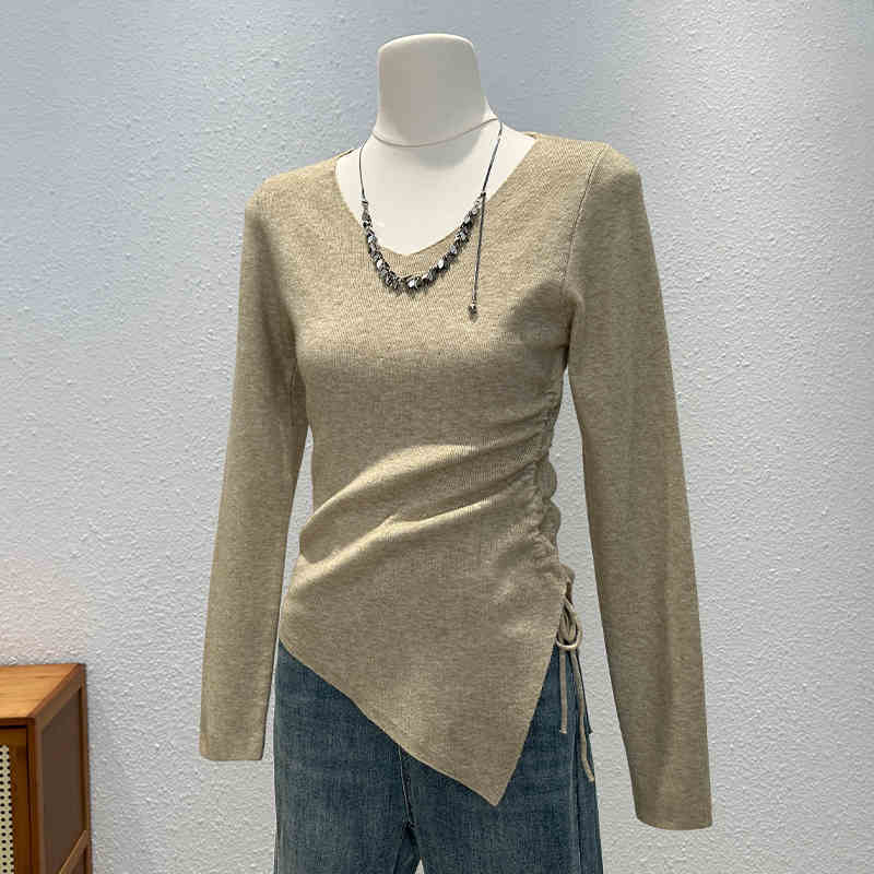 Knitted Long-sleeved T-shirt Women's Slim Bottoming Shirt Pleating Split Top