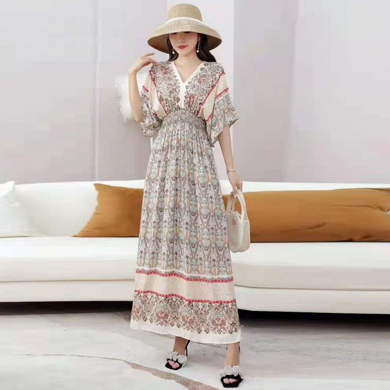 Cotton Silk Floral Dress Women's Summer Ethnic Style V-neck Short Sleeve Pastoral Style Skirt