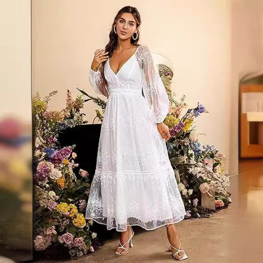 V-neck Embroidery Lace Dress