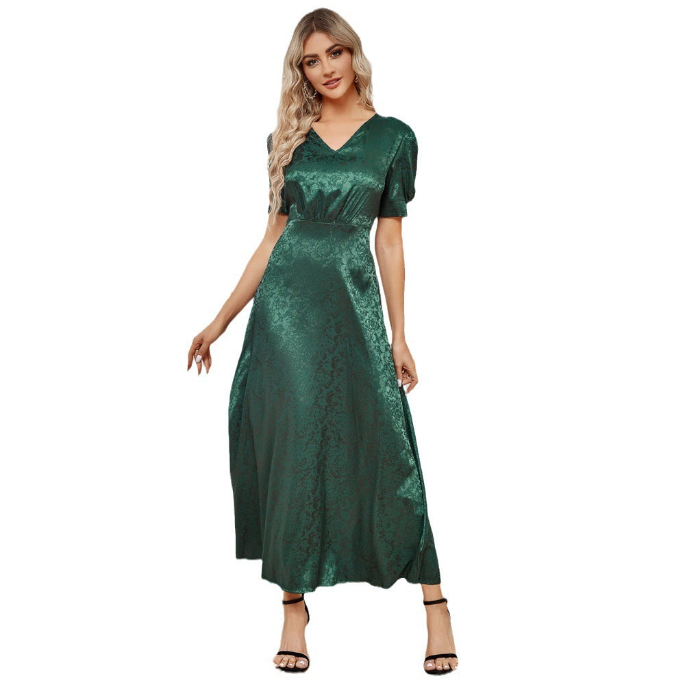 High Waist Pure Color V-neck Puff Sleeve Dress