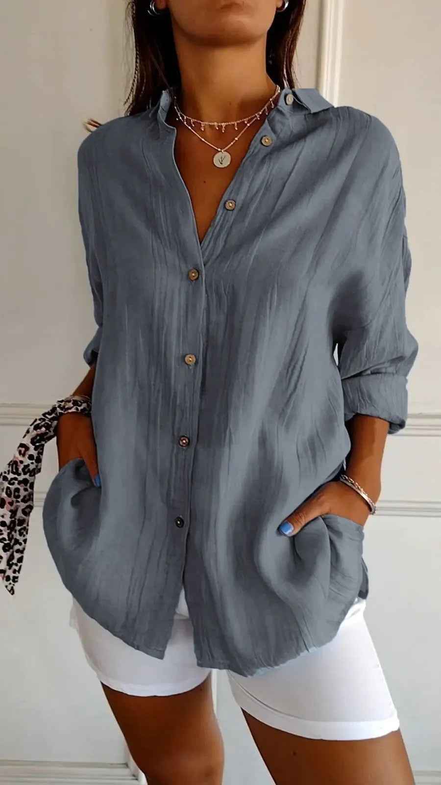 Popular Spring And Summer New Women's Loose Open Button Shirt Solid Color Top