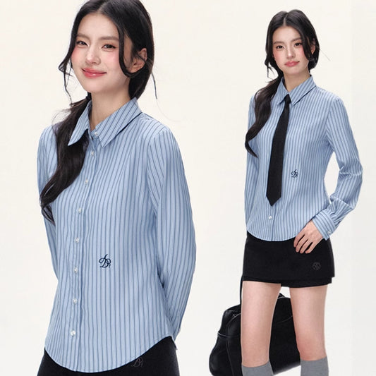 College Style Long Sleeve Shirt Waist-tight Simple Top