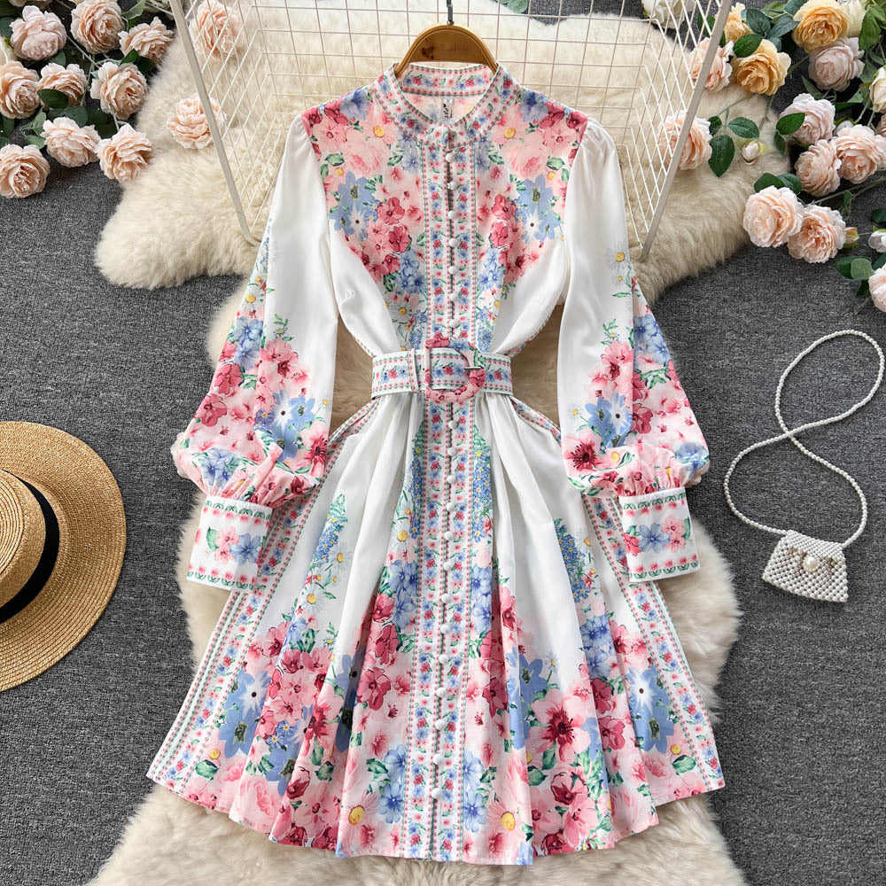 Retro Ethnic Style Stand Collar Single-breasted Lantern Sleeve Dress