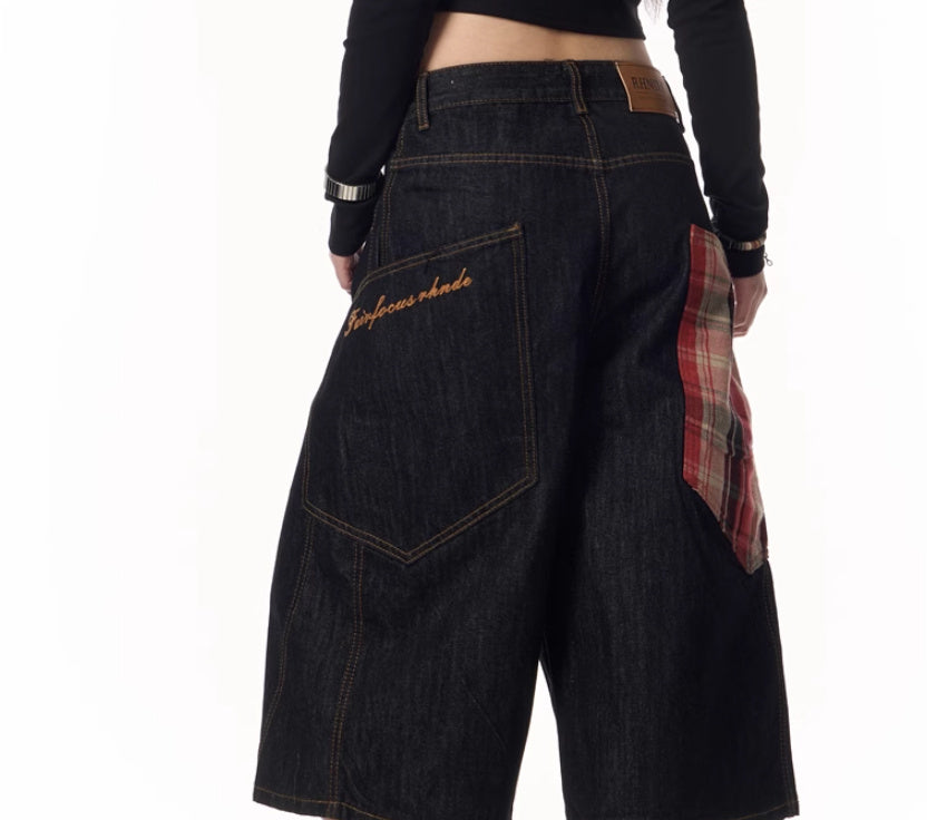 Plaid Patchwork Washed Radish Jeans For Women