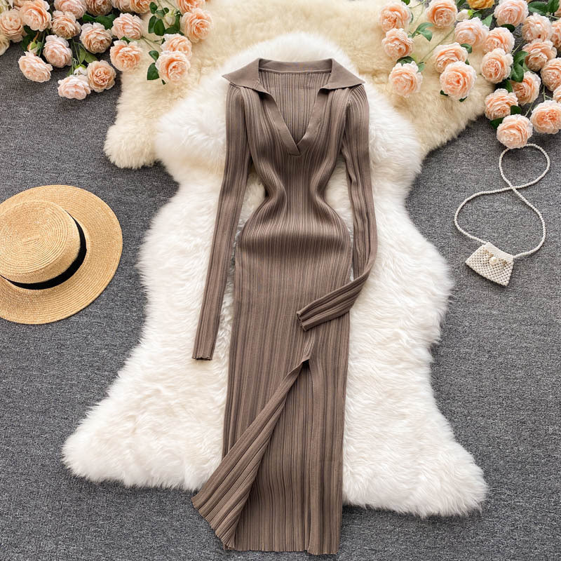 Feminine Waist And Hip Stretch Knitted Long Sleeved Split Hip Skirt