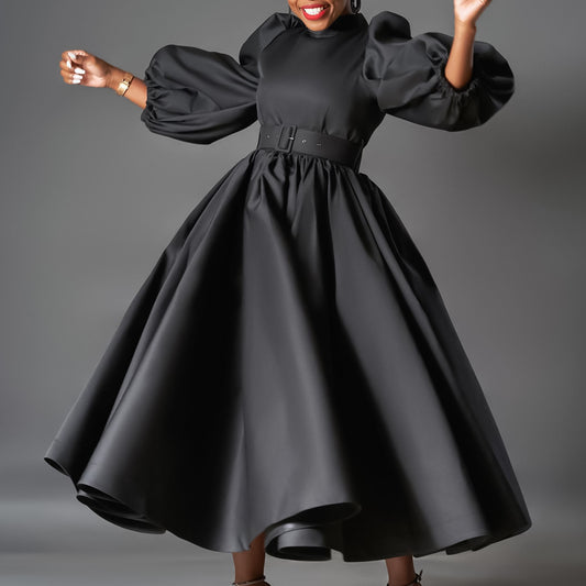 Loose Plus Size Fashion Solid Color Large Skirt Puff Sleeve