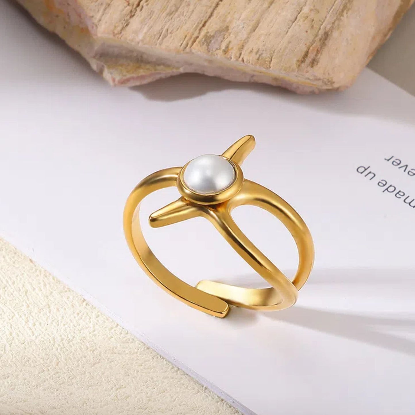 Stainless Steel Golden Pearl Ring Shaped Exaggerated