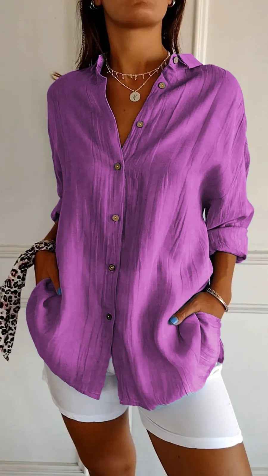 Popular Spring And Summer New Women's Loose Open Button Shirt Solid Color Top