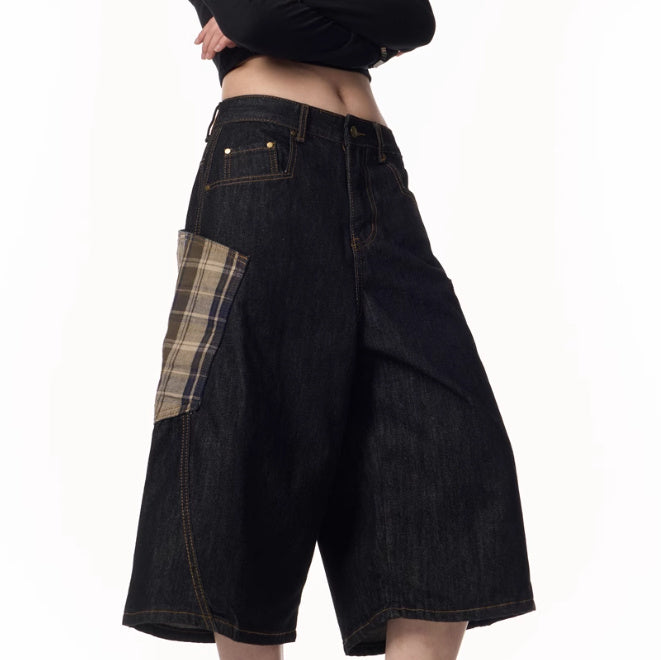 Plaid Patchwork Washed Radish Jeans For Women