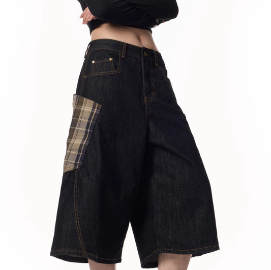 Plaid Patchwork Washed Radish Jeans For Women