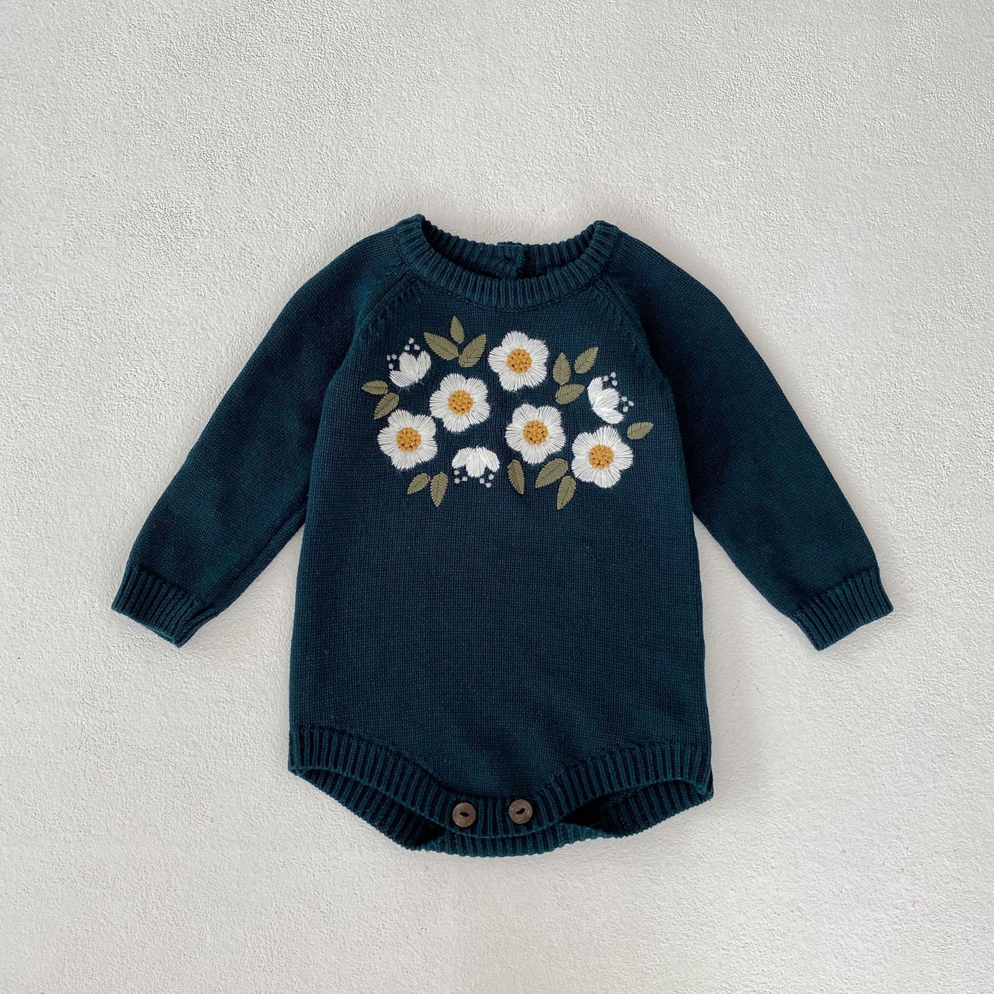 Baby Girl's Dark Green Embroidered Long Sleeve Baby Bodysuit Triangle Rompers