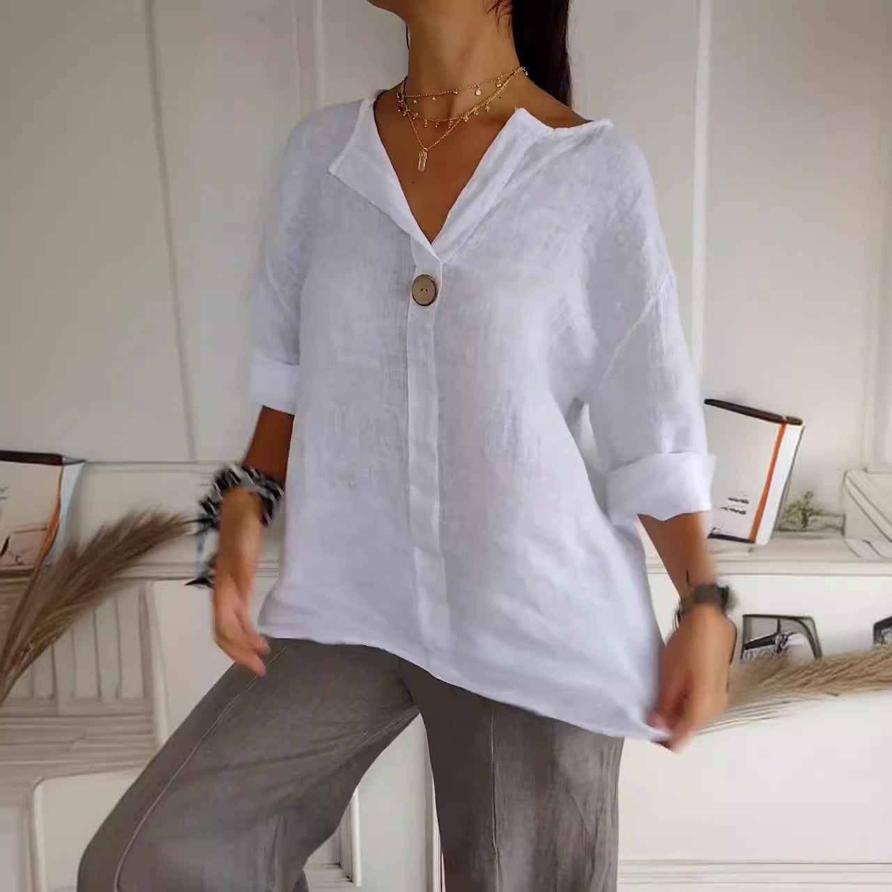 V-neck Long-sleeved T-shirt Fashion Loose Cotton And Linen Button Tops For Women