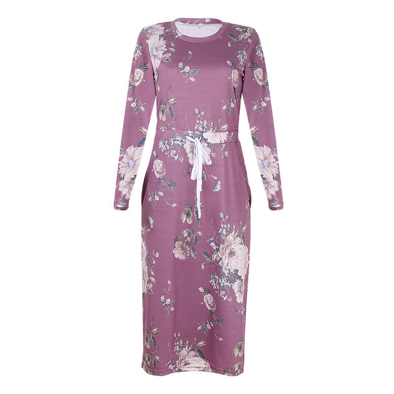 Women Printed Long Sleeve Round Neck Waist Pocket Dress