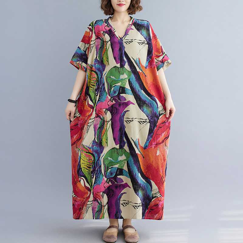 Cotton And Linen Printed Loose Plus Size Simple Vacation Style Long Dress For Women