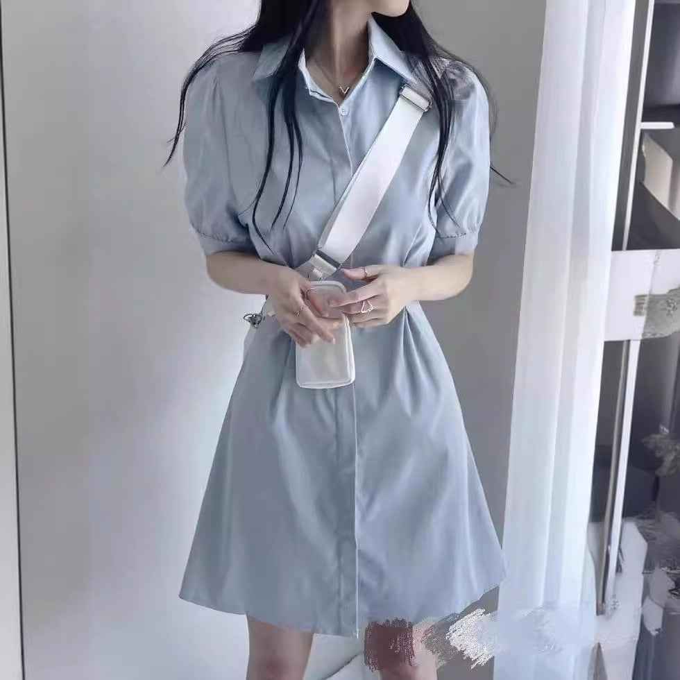 Blue Polo Collar Shirt Dress Women