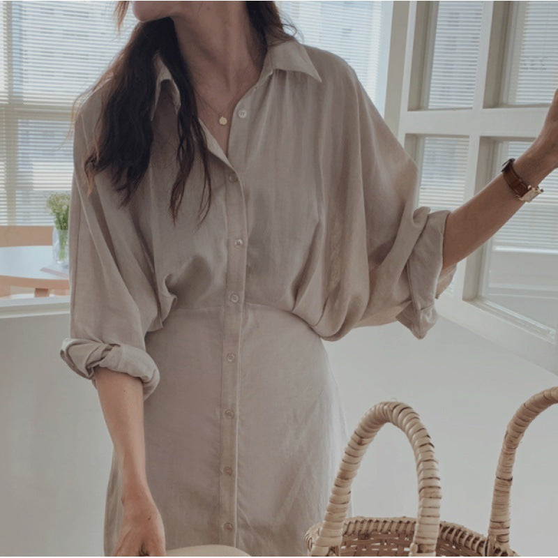 Loose Slimming Shirt Long Skirt Over The Knee French Retro Cotton Linen Dress