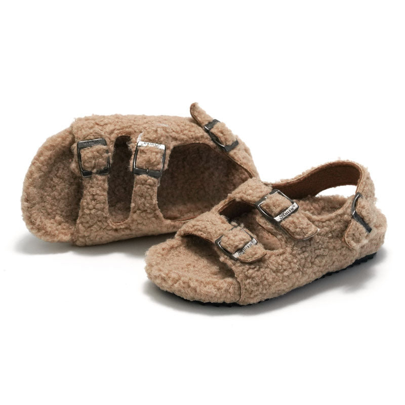 Fleece-lined Children Cork Sandals Woolen Slipper