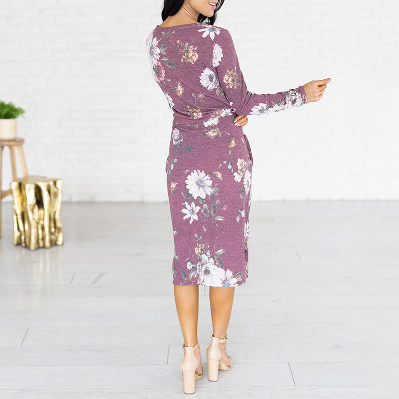 Women Printed Long Sleeve Round Neck Waist Pocket Dress