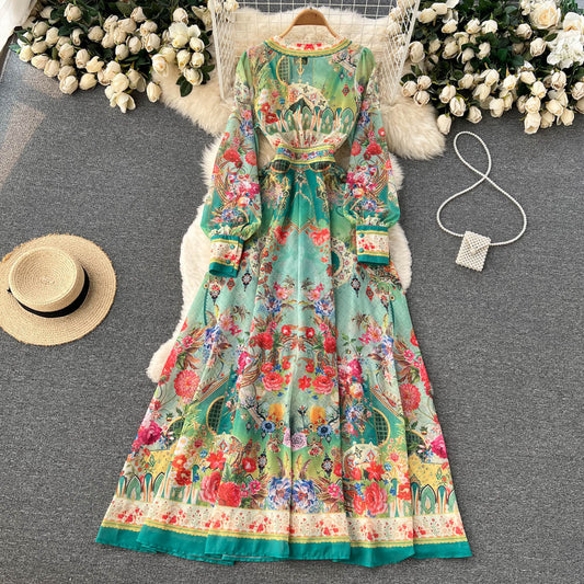 Ethnic Retro Deep V Neck Lantern Sleeve Print Dress