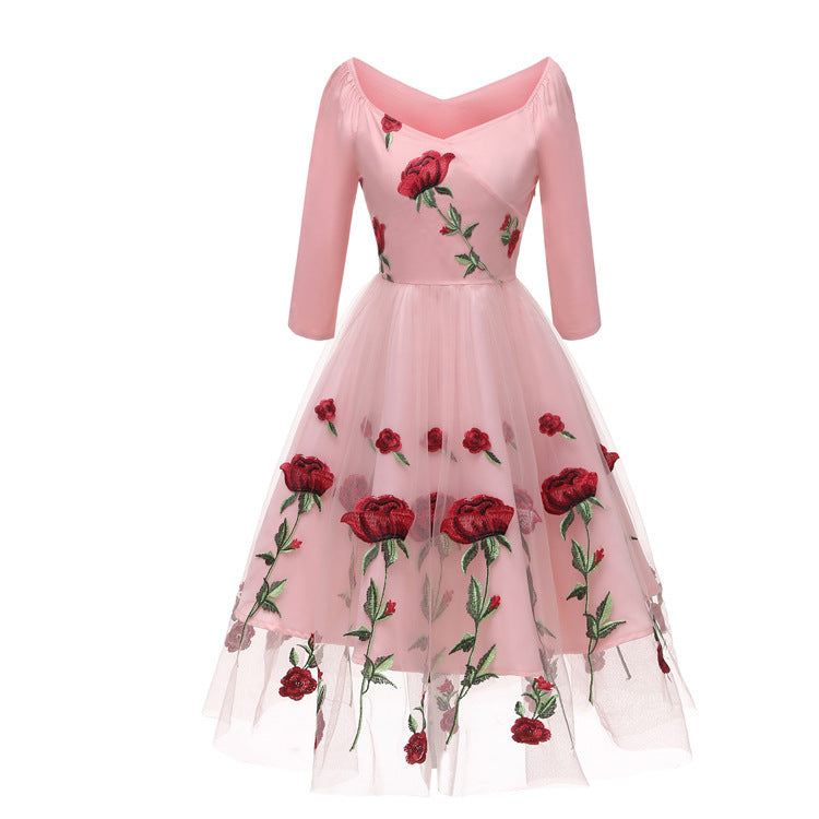 Evening Party Dress Embroidered Rose Lace Mesh Dress - BabynBeauty