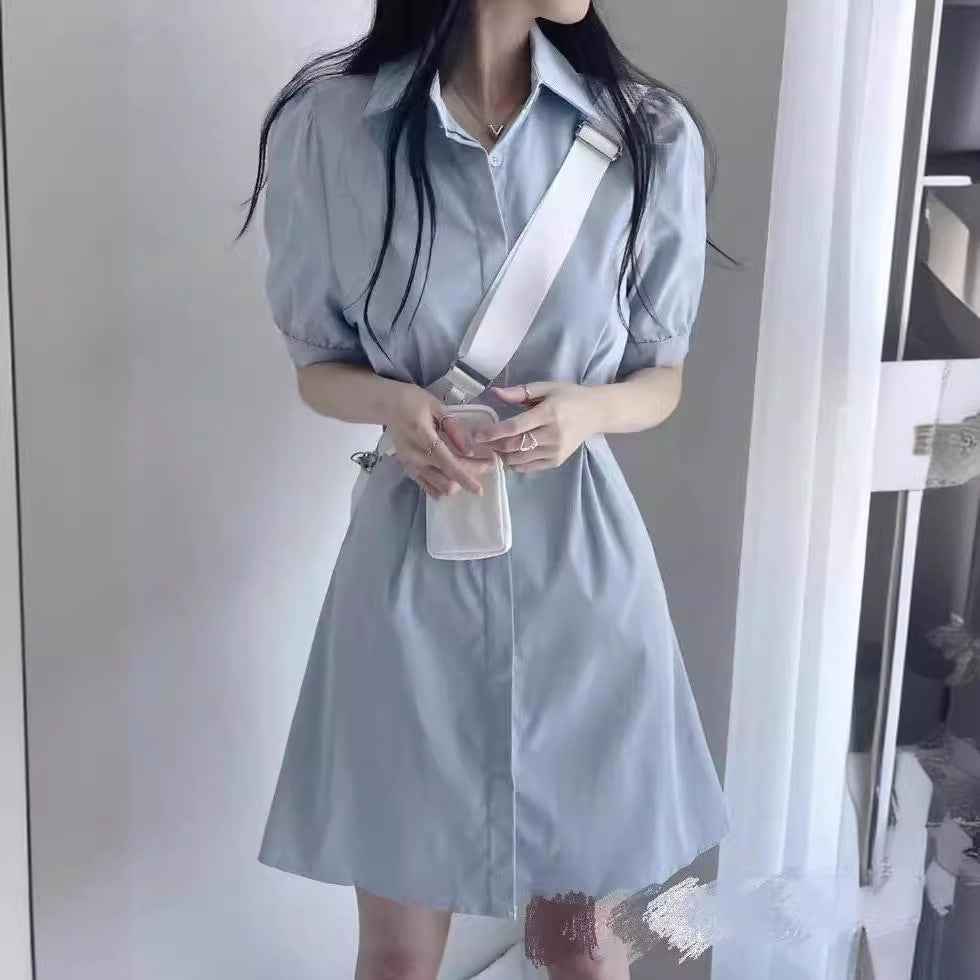 Blue Polo Collar Shirt Dress Women