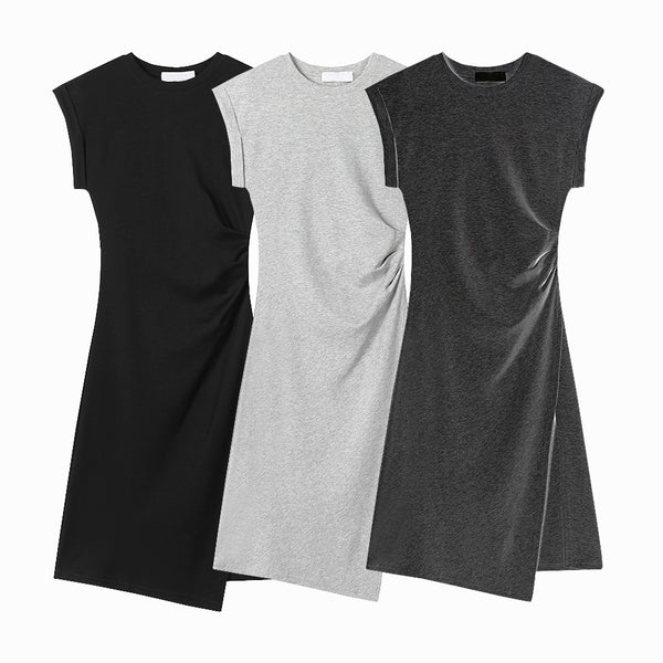 Crimp Waist Split Thread T-shirt Dress Women's Round Neck Top - BabynBeauty