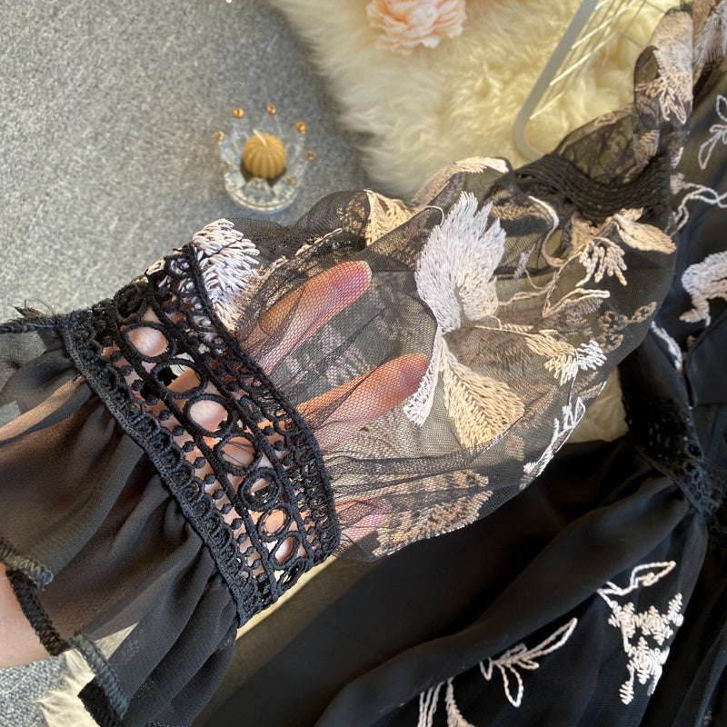 Heavy Industry Embroidered Flowers Ostrich Fur Lace Dress - BabynBeauty