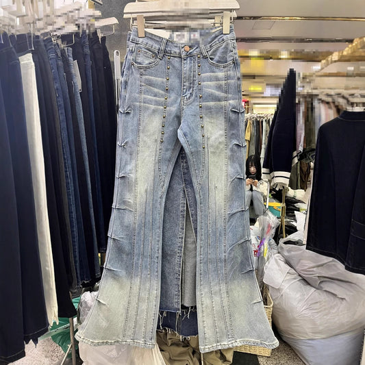 Retro Rivet Heavy-duty Skinny Jeans High Waist Slimming Design