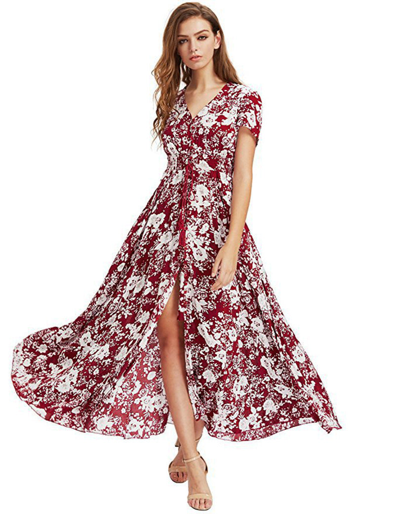 Ethnic Pattern Holiday Style V-neck Loose Long Dress