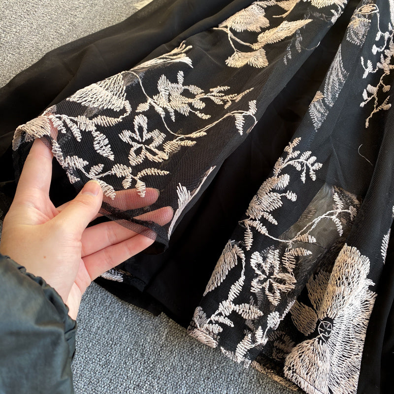 Heavy Industry Embroidered Flowers Ostrich Fur Lace Dress - BabynBeauty