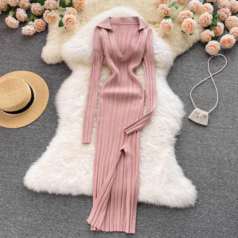 Feminine Waist And Hip Stretch Knitted Long Sleeved Split Hip Skirt