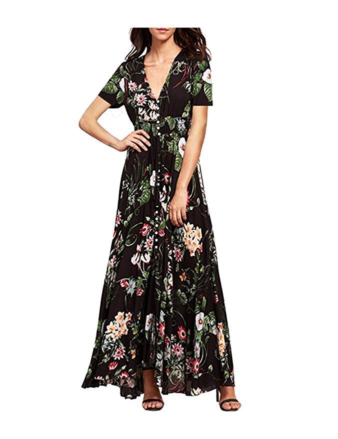 Ethnic Pattern Holiday Style V-neck Loose Long Dress