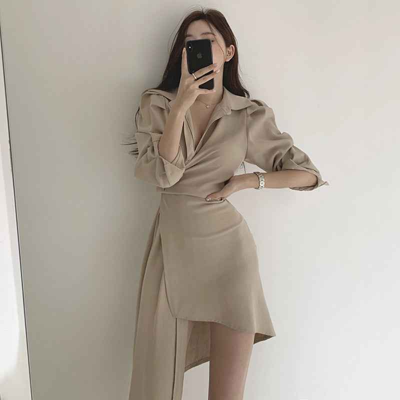Temperament Lapel Waist Irregular Shirt Dress Women