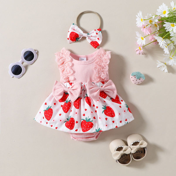 Infant Toddler Strawberry Print Bow Sleeveless Summer Romper - BabynBeauty