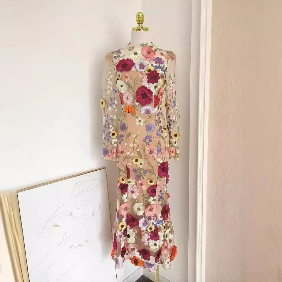 Colorful Three-dimensional Flower Embroidery Mesh Slim Fit Sheath Fishtail Dress - BabynBeauty