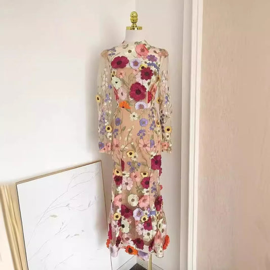 Colorful Three-dimensional Flower Embroidery Mesh Slim Fit Sheath Fishtail Dress - BabynBeauty