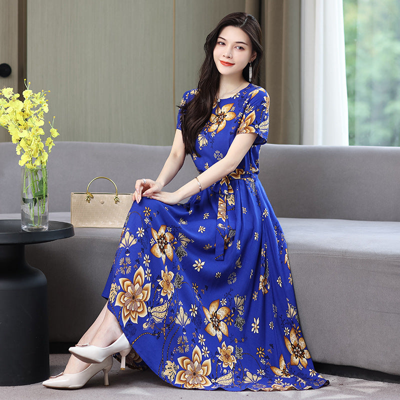 Women's Noil Poplin Dress Ethnic Style Summer Artificial Cotton Slim Fit Large Swing Skirt Short Sleeve