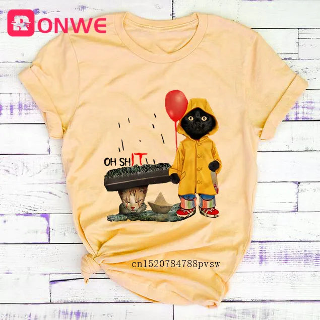 Women Funny Black Cat Print Tshirt Girl Harajuku Casual White Top Tees Female 90s Clothes