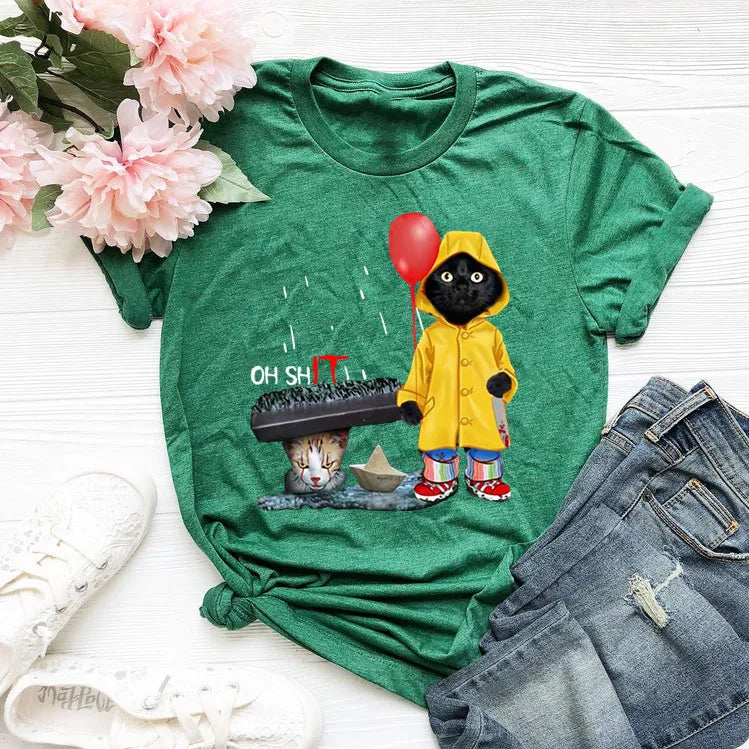 Women Funny Black Cat Print Tshirt Girl Harajuku Casual White Top Tees Female 90s Clothes,Drop Shipping