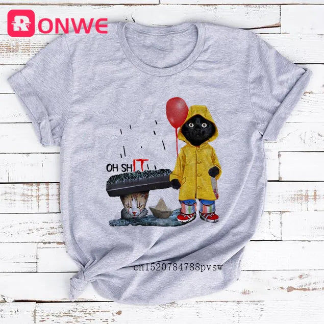 Women Funny Black Cat Print Tshirt Girl Harajuku Casual White Top Tees Female 90s Clothes