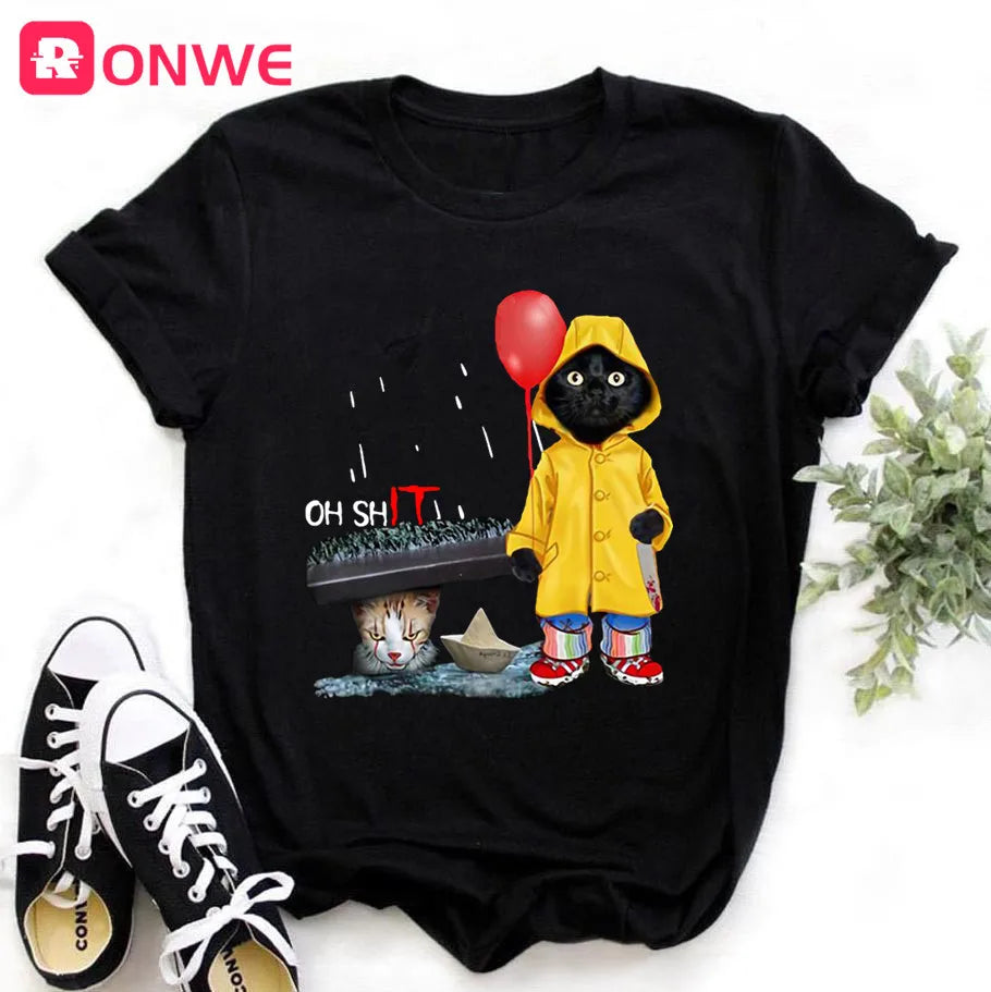 Women Funny Black Cat Print Tshirt Girl Harajuku Casual White Top Tees Female 90s Clothes